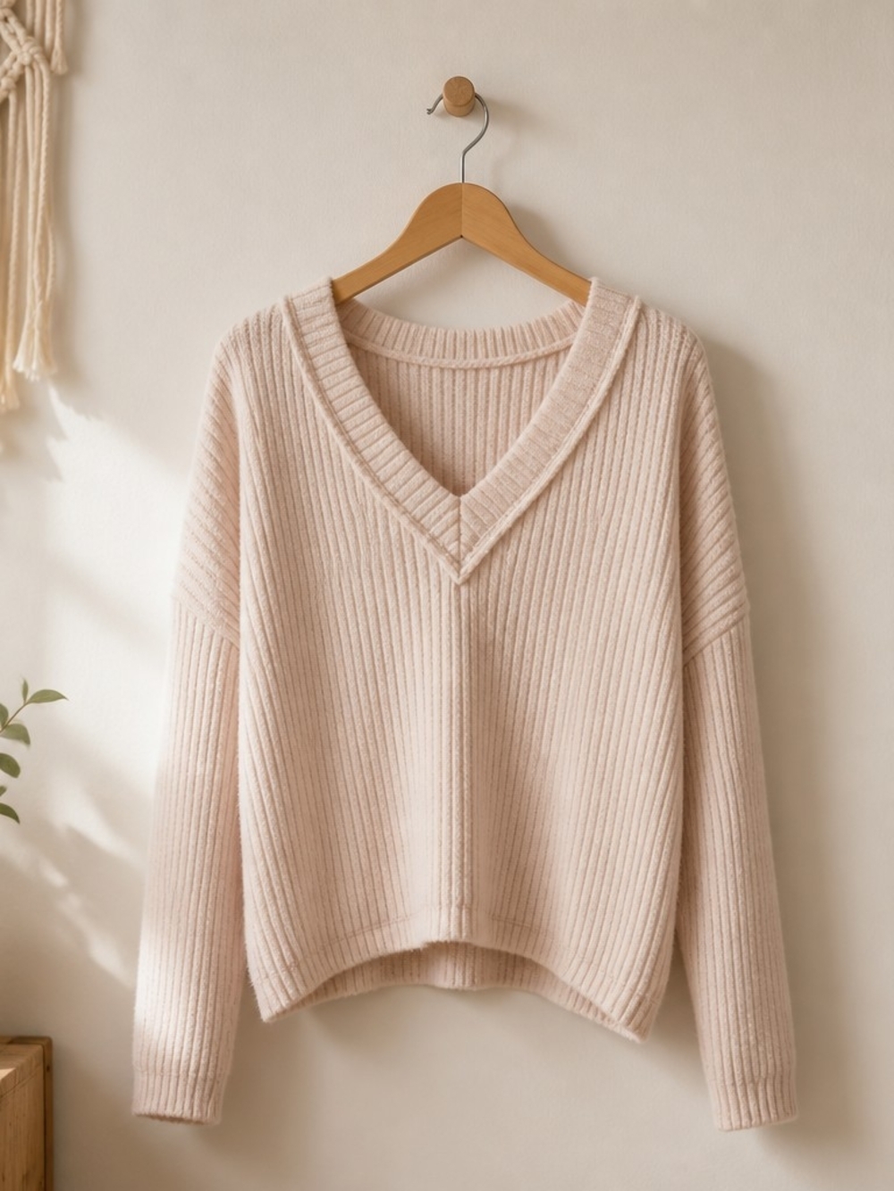 Soft V-Neck Ribbed Sweater - Cream